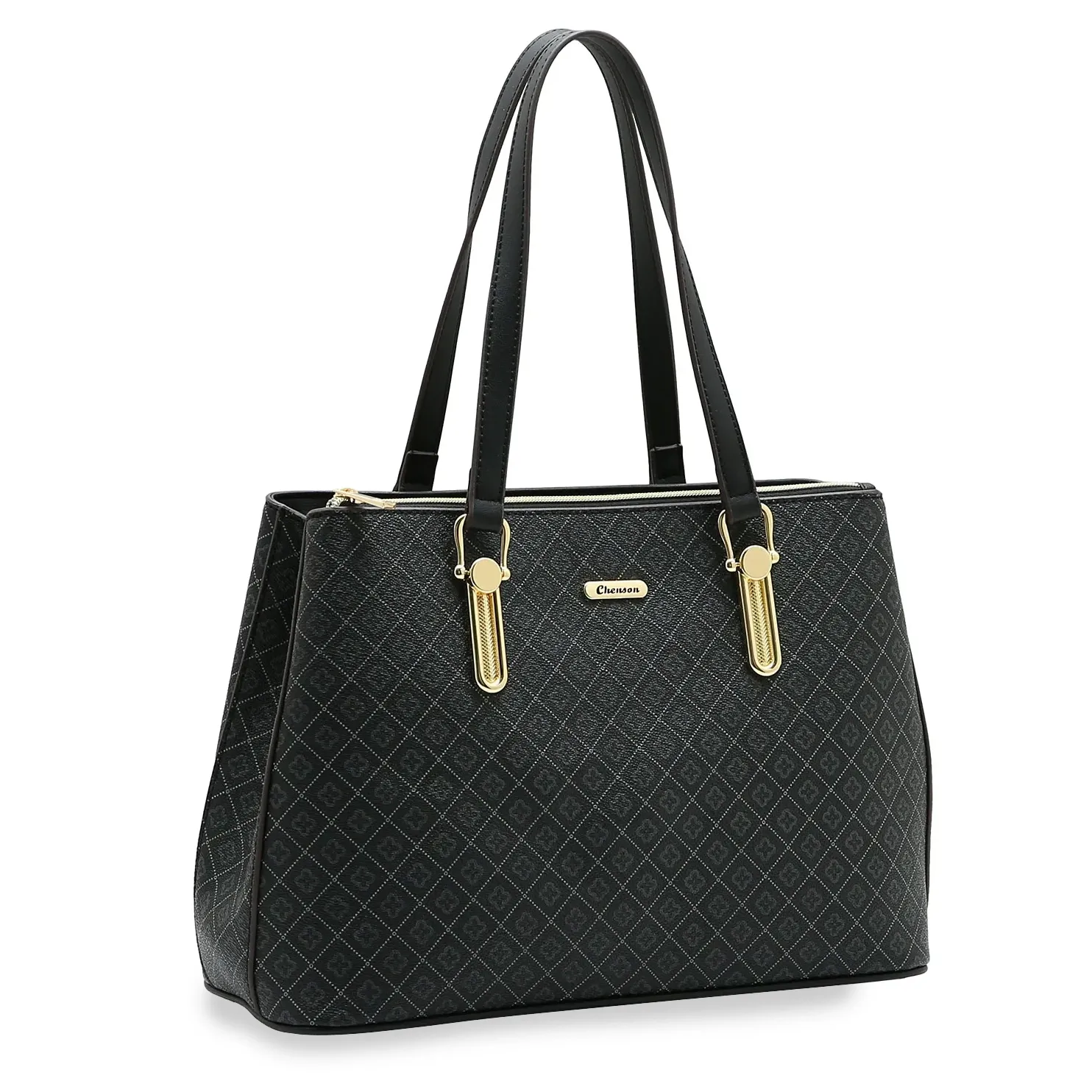 Bolsa feminina preta Chenson com estampa gráfica em losangos, alças longas e detalhes dourados
